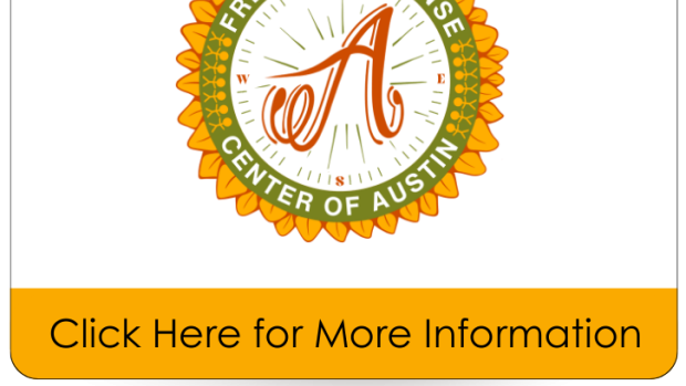 A button that shows a yellow and green logo with a sunflower, people holding hands, and the words Freedom Defense Center of Austin..