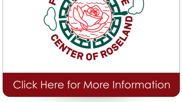 A button that shows a green and red logo with a rose, a train, and the words Freedom Defense Center of Roseland.