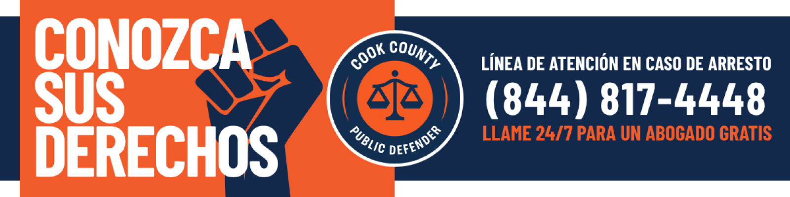 Conozca sus derechos. Línea de arrestos (844) 817-4448. Llame 24/7 para obtener un abogado gratis.