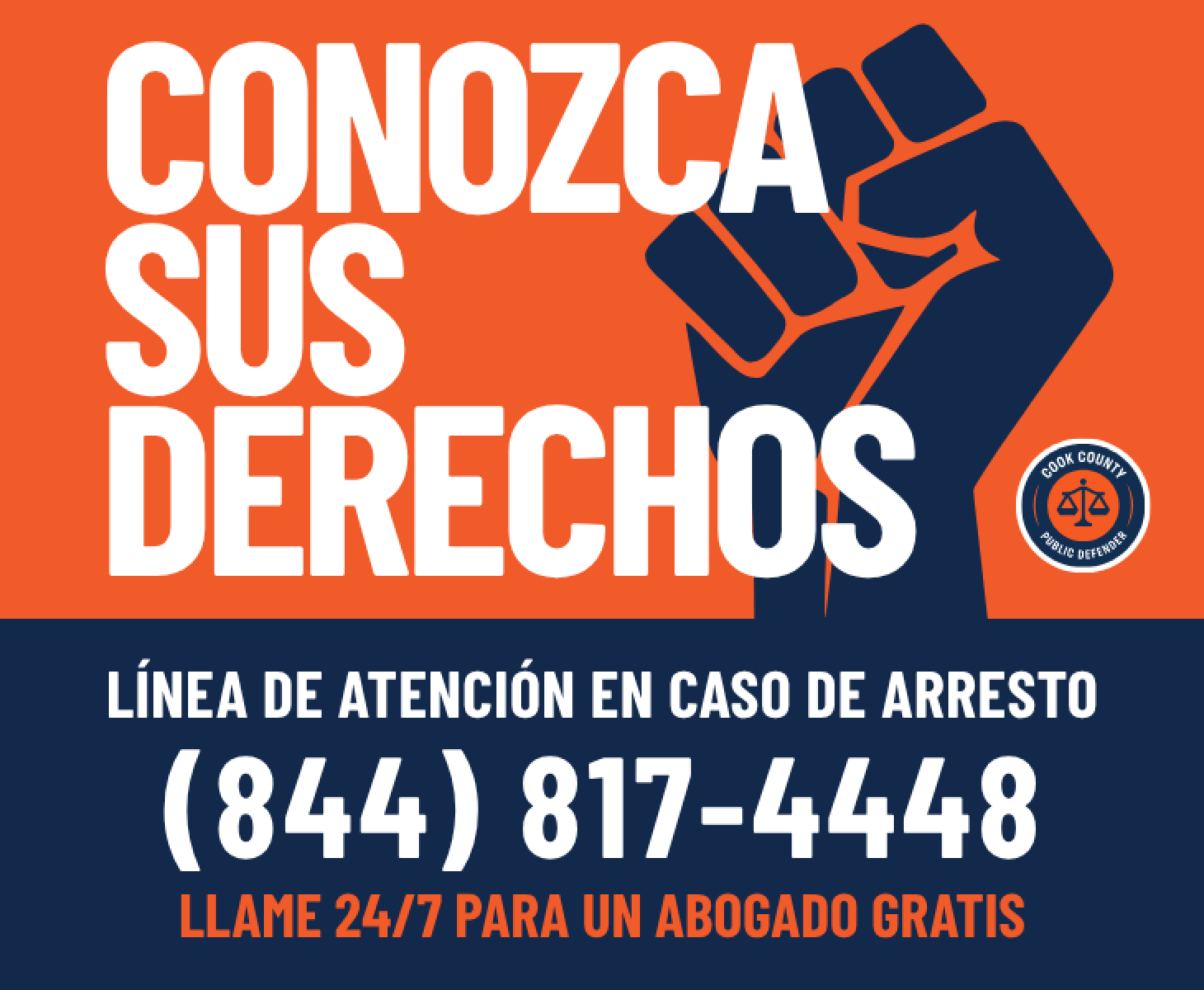 Conozca sus derechos. Línea de arrestos (844) 817-4448. Llame 24/7 para obtener un abogado gratis.