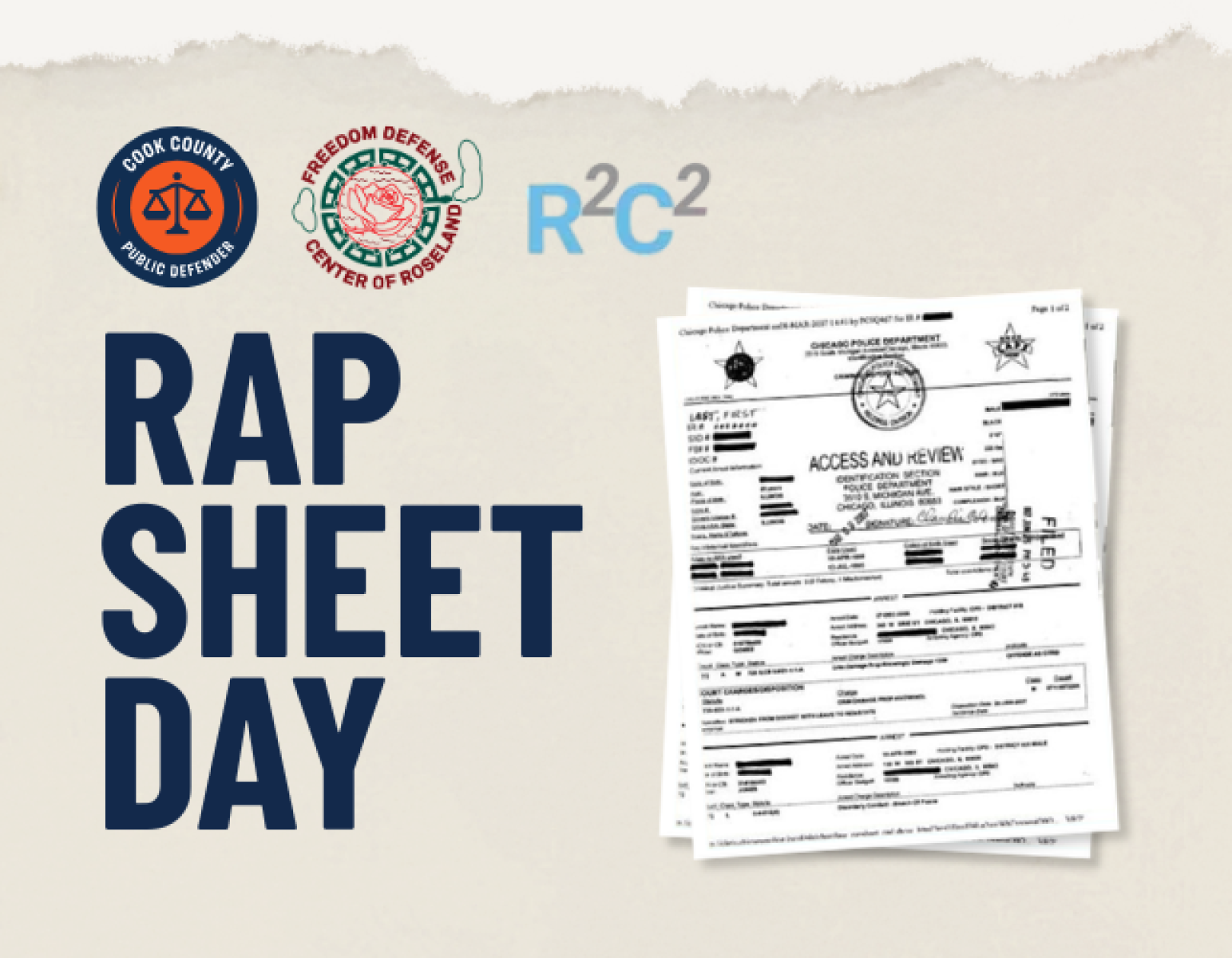 Beige graphic that reads, "Rap Sheet Day" and shows arrest documents.