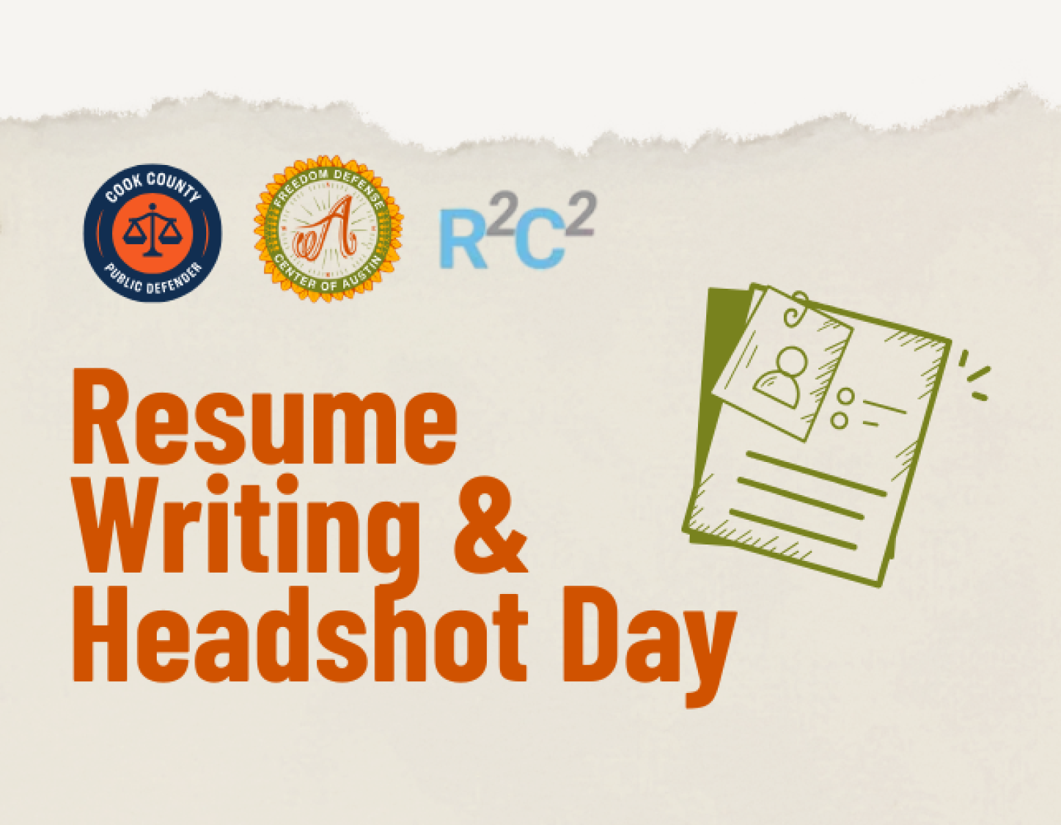 Beige graphic that reads, "Resume Writing & Headshot Day" with a green icon of a resume with a photo attached. 