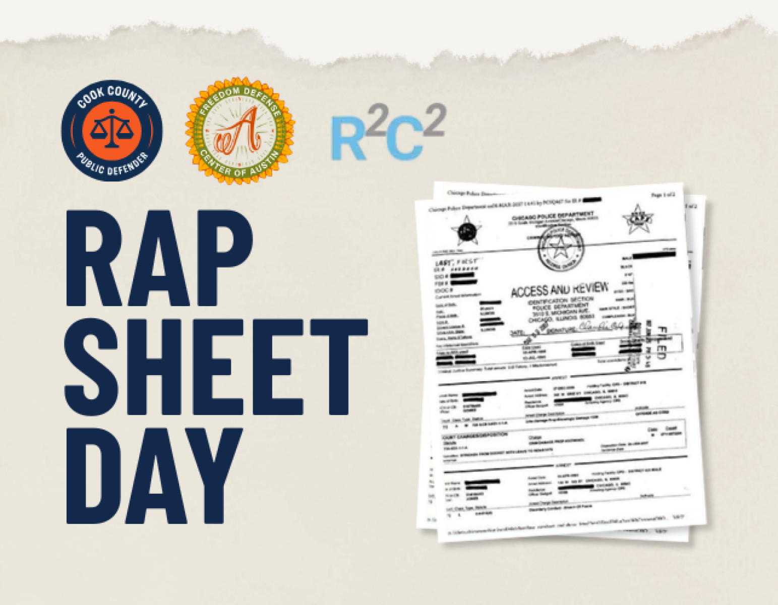 Beige graphic that reads, "Rap Sheet Day" and shows arrest documents.