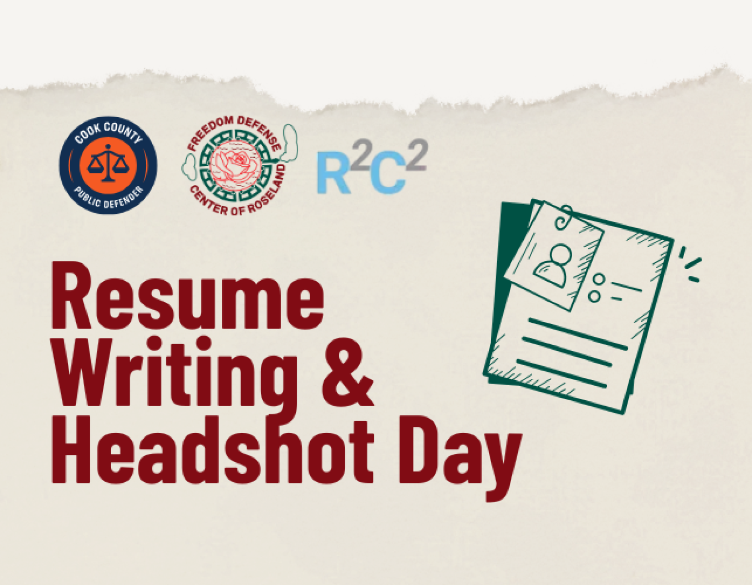 Beige graphic that reads, "Resume writing & Headshot Day"