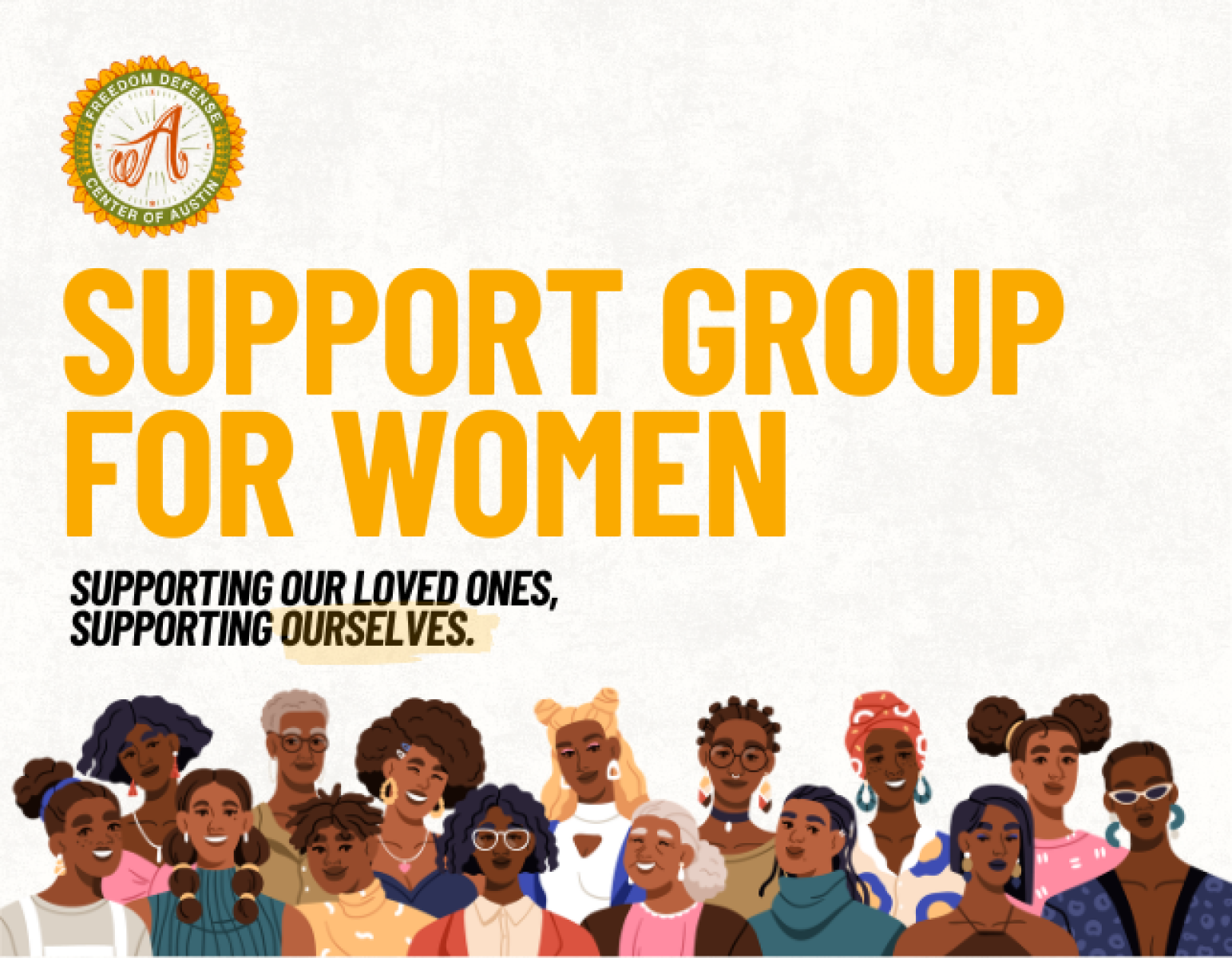 Graphic that reads "Support Group for Women" and shows a cartoon image of Black women with diverse hairstyles and outfits