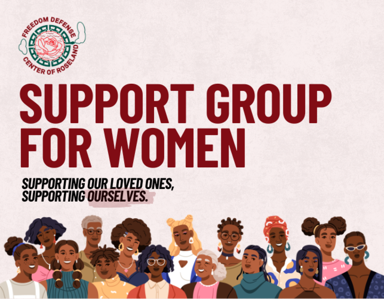 Graphic that reads "Support Group for Women" and shows a cartoon image of Black women with diverse hairstyles and outfits