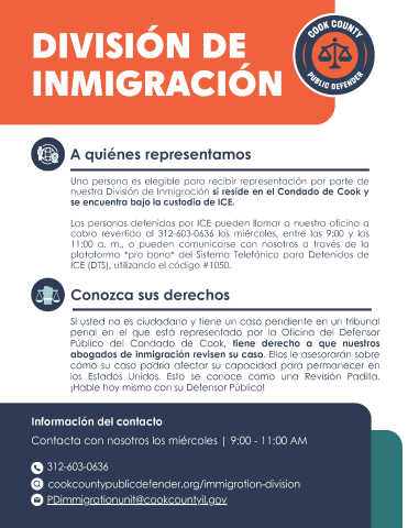 Flyer in Spanish with information about the Immigration Division of the Cook County Public Defender's Office.
