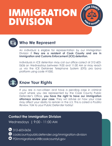 Flyer with information about the Immigration Division of the Cook County Public Defender's Office.