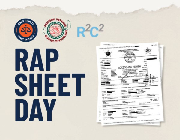 Beige graphic that reads, "Rap Sheet Day" and shows arrest documents.