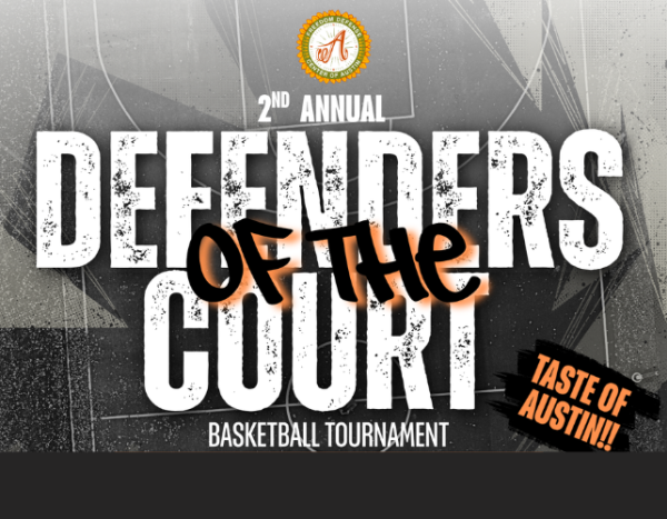 Grey and black graphic with elements of the paint on a basketball court. It reads, "2nd Annual Defenders of the Court Basketball Tournament"
