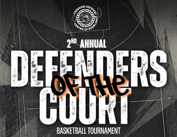 Black and grey graphic with the paint of a basketball court behind it. It reads, "2nd Annual Defenders of the Court Basketball Tournament"
