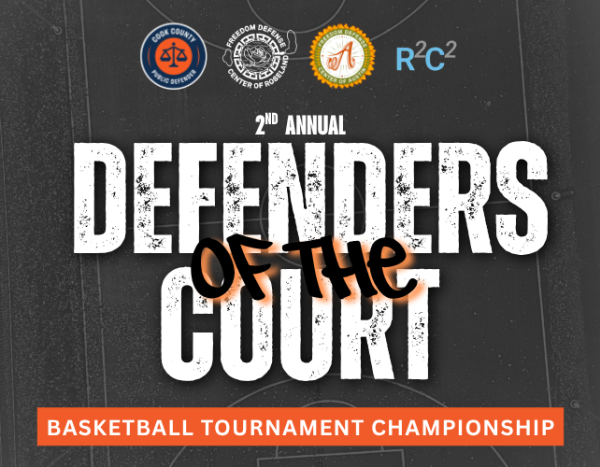 Graphic with a background of a grey basketball court that reads, "2nd Annual Defenders of the Court" Basketball Tournament Championship.