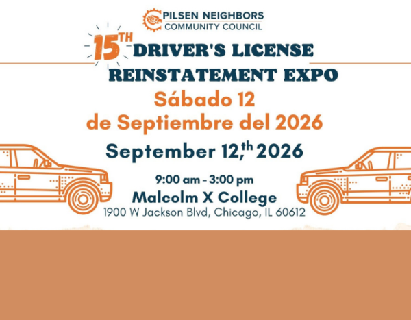 Graphic with light orange cars on it that advertises a Driver's License Reinstatement Expo. 