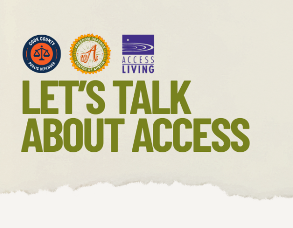 Green and beige graphic that reads, "Let's talk about access."