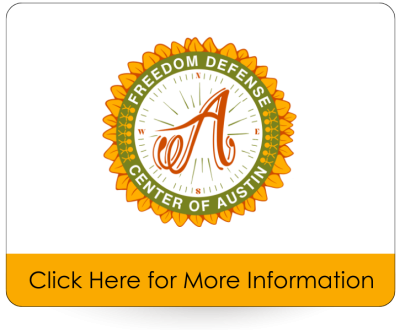 A button that shows a yellow and green logo with a sunflower, people holding hands, and the words Freedom Defense Center of Austin..