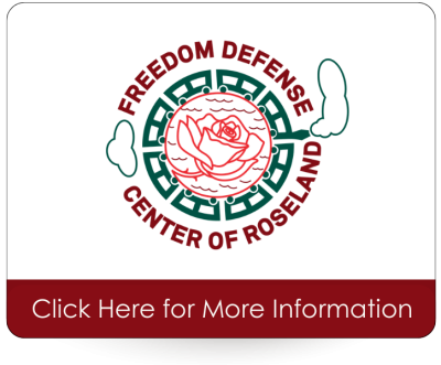 A button that shows a green and red logo with a rose, a train, and the words Freedom Defense Center of Roseland.